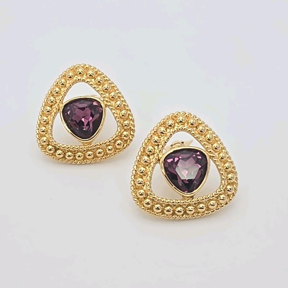 Vtg Signed SWAROVSKI Triangular Earrings Clip-On Amethyst Crystal 18k Gold Plate
